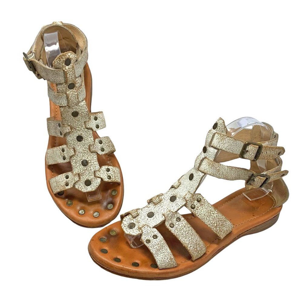 Frye Rachel White‎ Distressed Leather Moto Gladiator Sandals